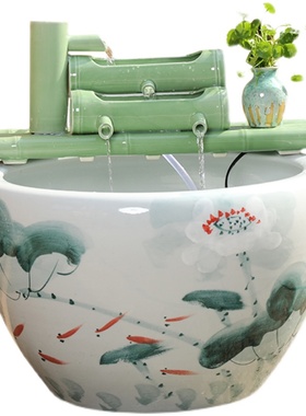 陶瓷鱼缸流水仿竹子循环水摆件竹筒流水器石槽过滤器办公室招财