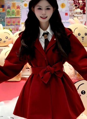 圣诞过年红色连帽毛呢外套女秋冬设计感绑带收腰小众气质呢子大衣