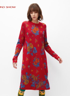 阁兰秀2025春新品红色时尚提花针织连衣裙圆领套头A字中长裙宽松