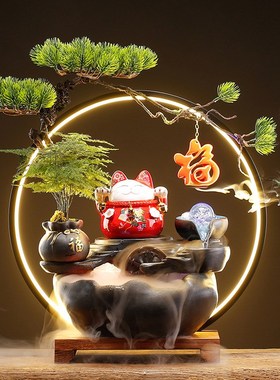中式流水生财摆件家居客厅办公室桌面创意陶瓷招财猫装饰开业礼品