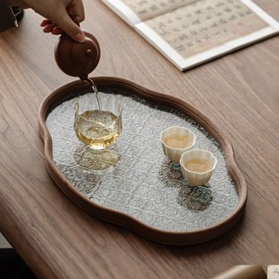小型家用盖碗茶壶壶承壶托复古收纳盘子小茶盘 海棠花玻璃托盘中式