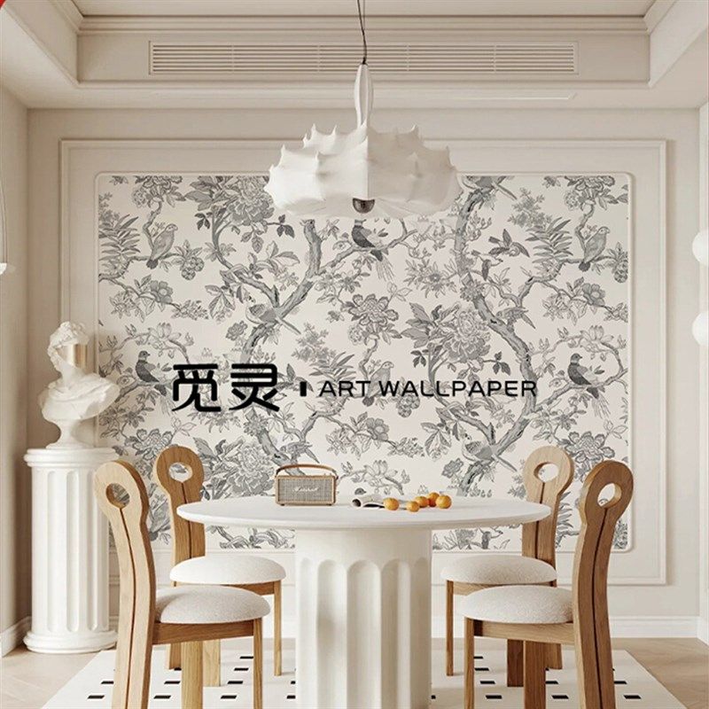 手绘法式花鸟壁纸轻奢客厅沙发电视背景墙定制墙布卧室玄关墙纸,家装主材,定制壁画,淘宝优惠券,粉丝福利购,淘宝优惠卷