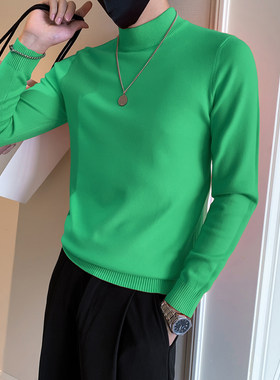 绿色半高领毛衣男士春秋季潮牌z修身针织衫冬装纯色内搭打底毛线