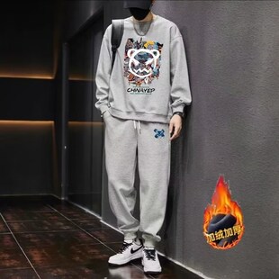 大码笑脸b印花加绒卫衣男秋冬季新款宽松潮流上衣+九分休闲裤套装