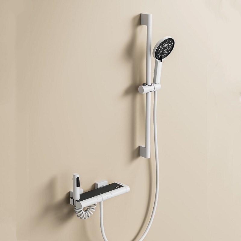数显恒温淋浴花洒套件简易明装浴室淋浴器白O色置物架混水阀枪灰