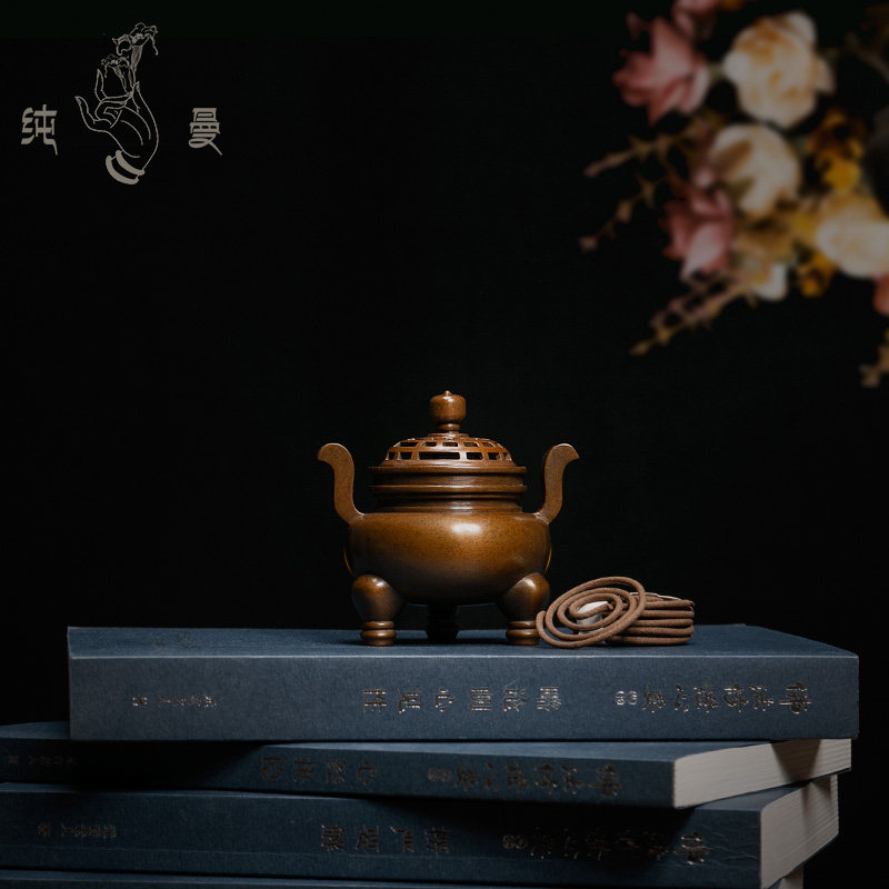 庆松堂苏工铜炉名家胡庆松制三足朝冠耳熏炉复古紫铜炉盘香熏香炉