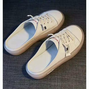 包头半拖鞋 网红百搭一脚蹬懒人平底鞋 女小白鞋 新款 潮 2024夏季 春季