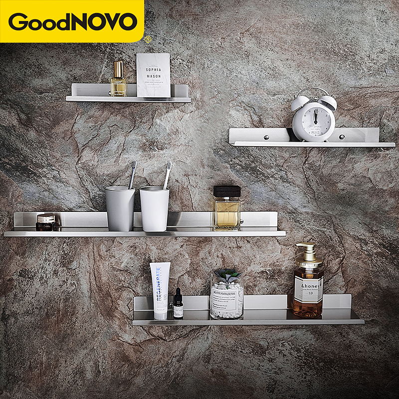 卫生间置物架壁挂式免打孔t浴室洗漱台镜前收纳架304不锈钢一字板