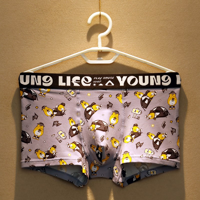 3条装男士内裤纯棉男生平角裤男款潮流透K气卡通印花四角裤平脚裤