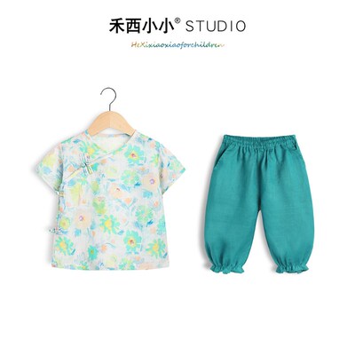女童水彩花苎麻中式上衣 夏日薄款透气背心套装亚麻灯笼裤两件套