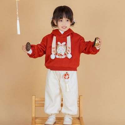 钱兔儿男女童汉服冬装新年拜年服古装加绒中式改良套装儿童唐装