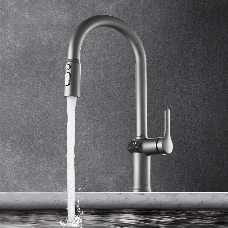 厨房水龙头防溅i水枪灰色智能数显抽拉旋转冷热洗菜Y盆水槽龙头家