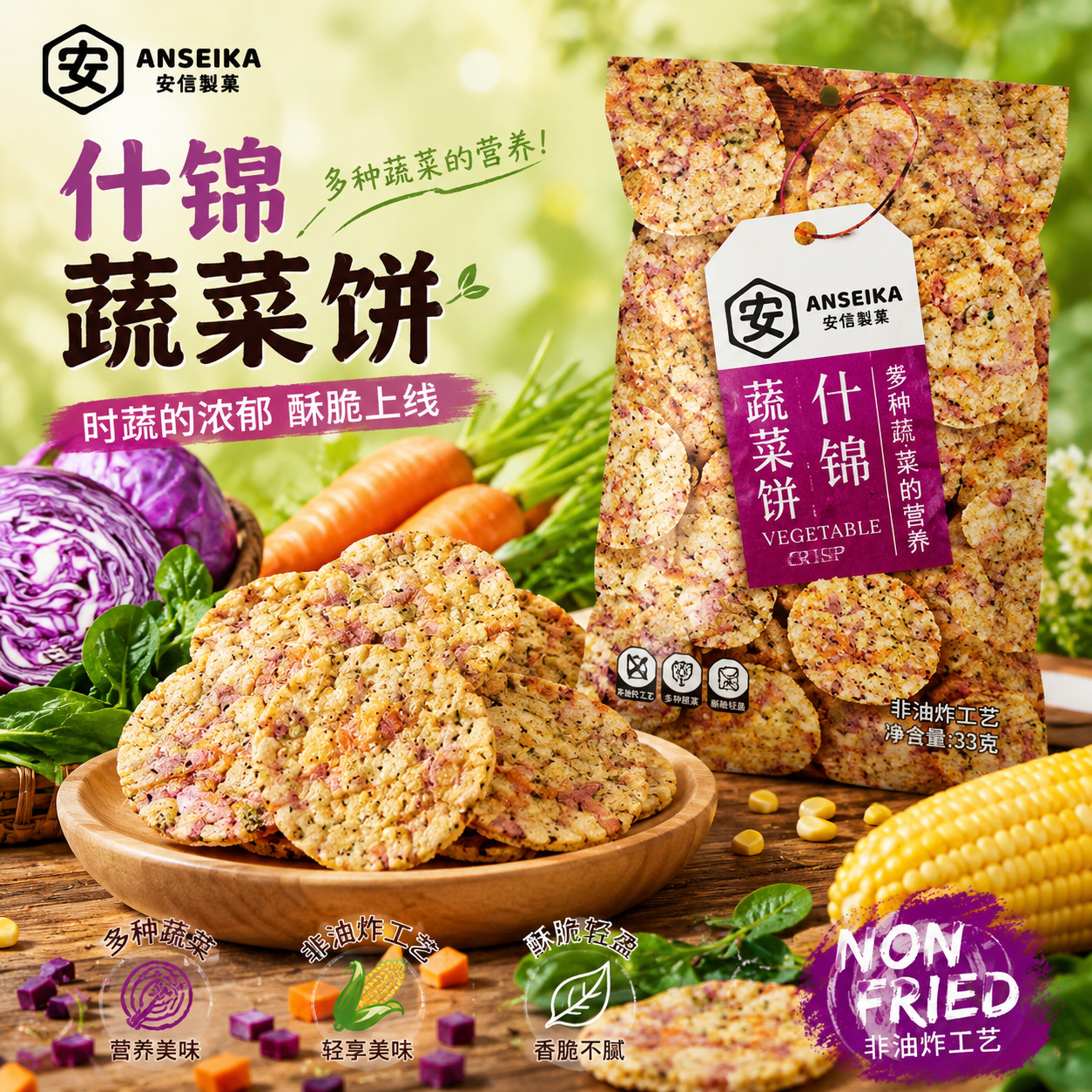 【2件6折】安信制果蔬菜米饼10种蔬菜原料非油炸饼干休闲零食