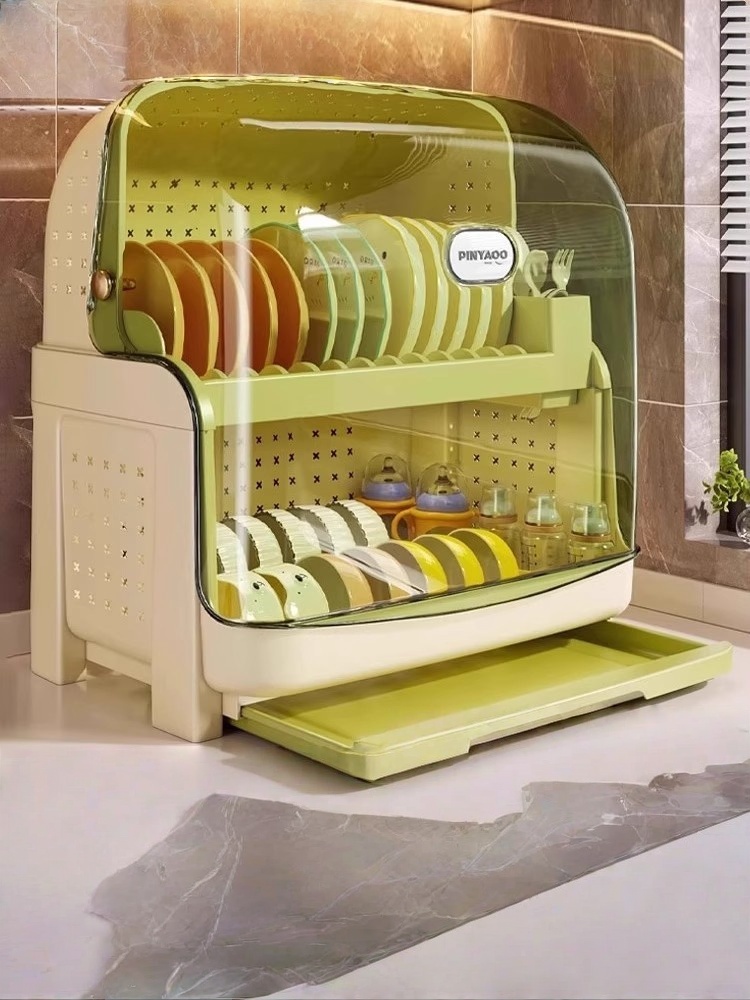 厨房碗架碗筷收纳盒双层带盖箱碟盘沥水架置物放餐具塑料碗柜家用