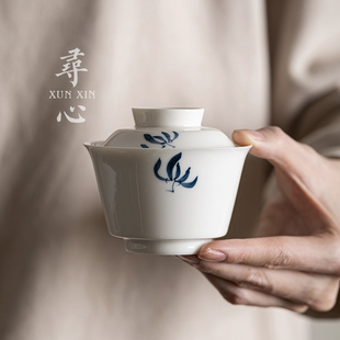 手绘蝴蝶兰花马蹄盖碗茶杯单个茶碗家用J陶瓷功夫茶具不烫手泡茶