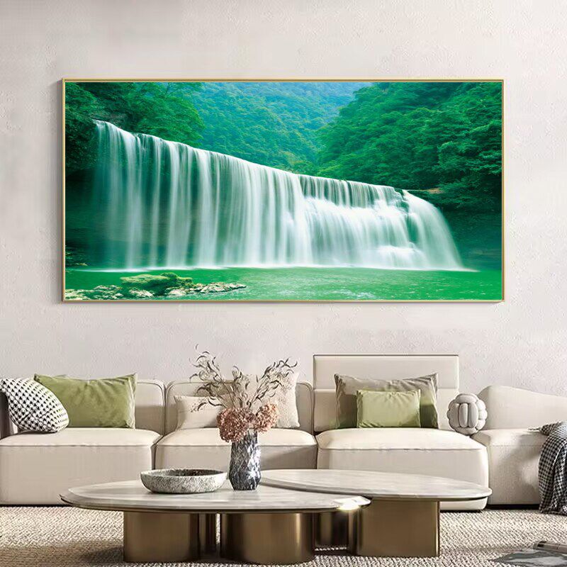 自然瀑布客厅装饰画新流水生财山水风景画国画沙发背景墙壁画