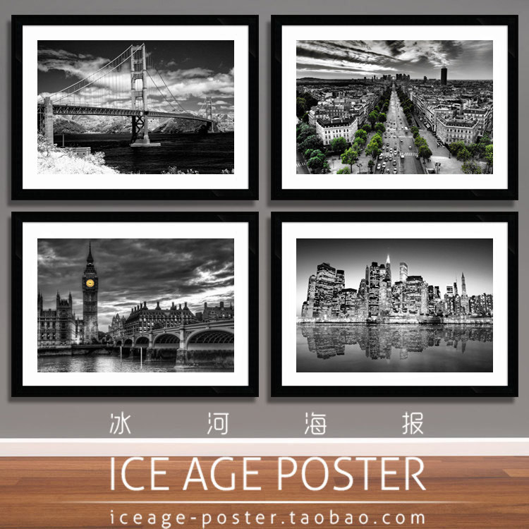 黑白摄影欧洲城市建筑风景西咖啡厅饭店酒吧装饰画墙壁挂画