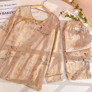 睡衣女款纯棉纱布春秋季长袖棉麻新中式国风绵绸家居服大码可外穿