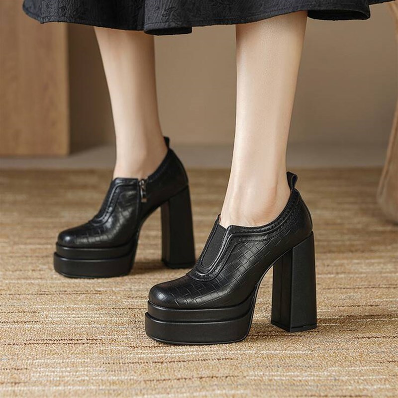 12CM白色粗跟单鞋女小个子增高夜店K鞋防水台超高跟真皮女鞋子