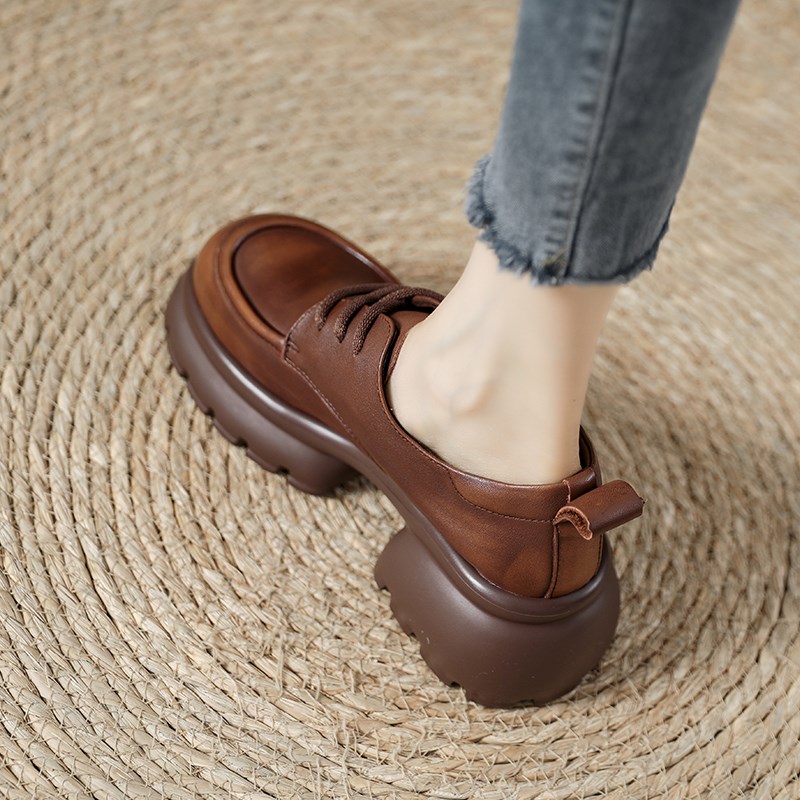 松糕厚底头层牛皮棕色浅口单鞋2024春季新款女鞋系带英伦风小皮鞋