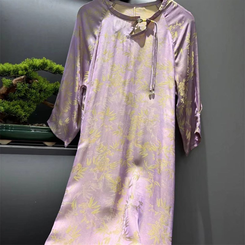 春夏禅意风中式旗袍连衣裙国风人丝仿醋酸提花女精致复古盘扣长裙