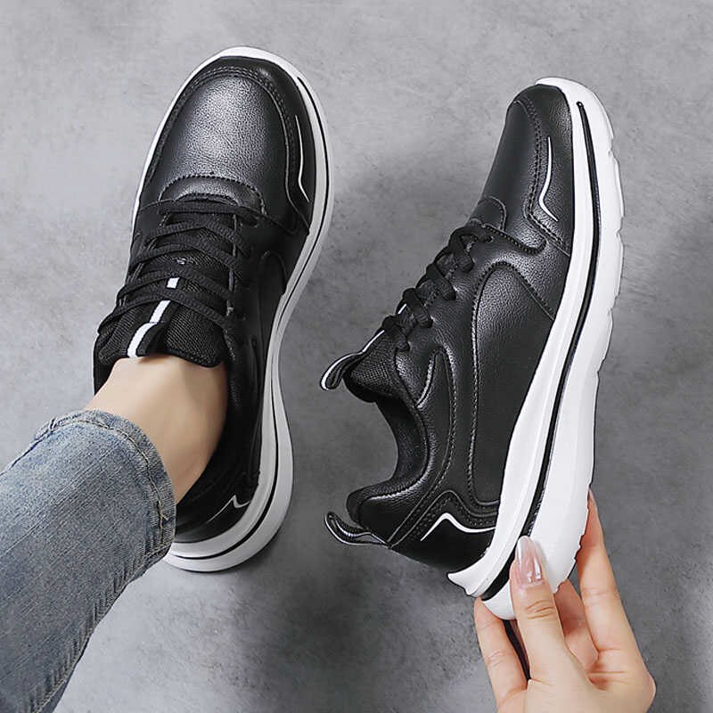 2025春季女鞋运动鞋皮面防水防滑轻H便软底休闲跑步鞋百搭旅游鞋