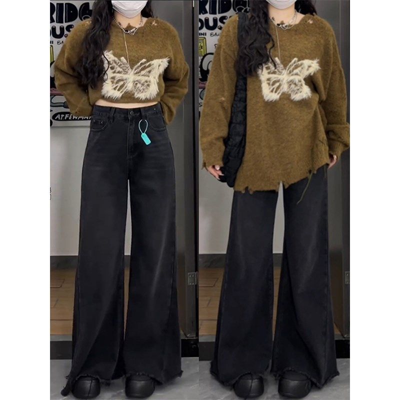 胖mm复古毛边设计感垂感拖地牛仔裤女大码女装裤子高腰显瘦阔腿裤,女装/女士精品,大码裤装,淘宝优惠券,粉丝福利购,淘宝优惠卷