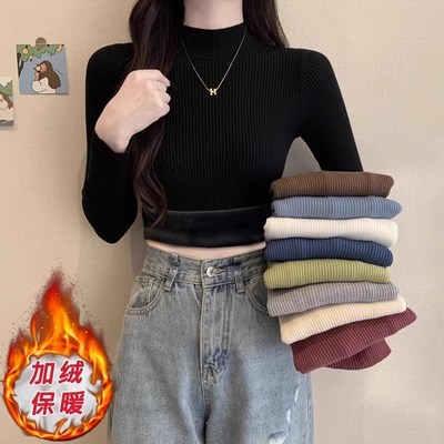 黑色半高领一体绒毛衣女秋冬新款加绒H加厚保暖内搭针织打底衫上