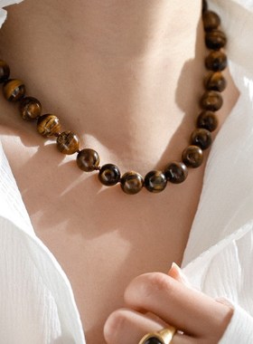 美拉德风~复古高级天然虎眼石串珠项链女潮人配饰卫衣不掉色礼物