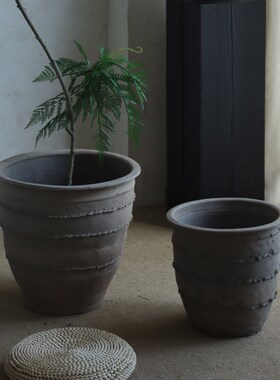 粗陶花盆大口径陶土盆民宿装饰盆透气陶缸复古种树大号花盆纯手工