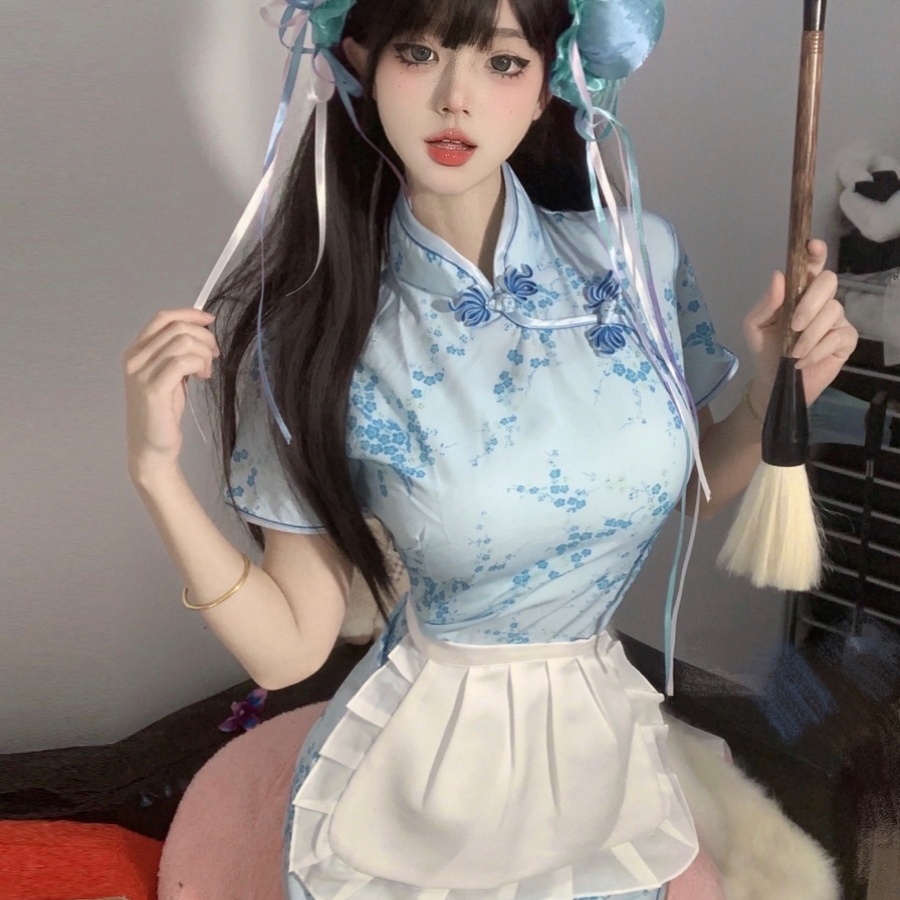 中华娘旗袍cos新中式改良甜美可爱小厨娘女仆连衣裙Lolita围裙套