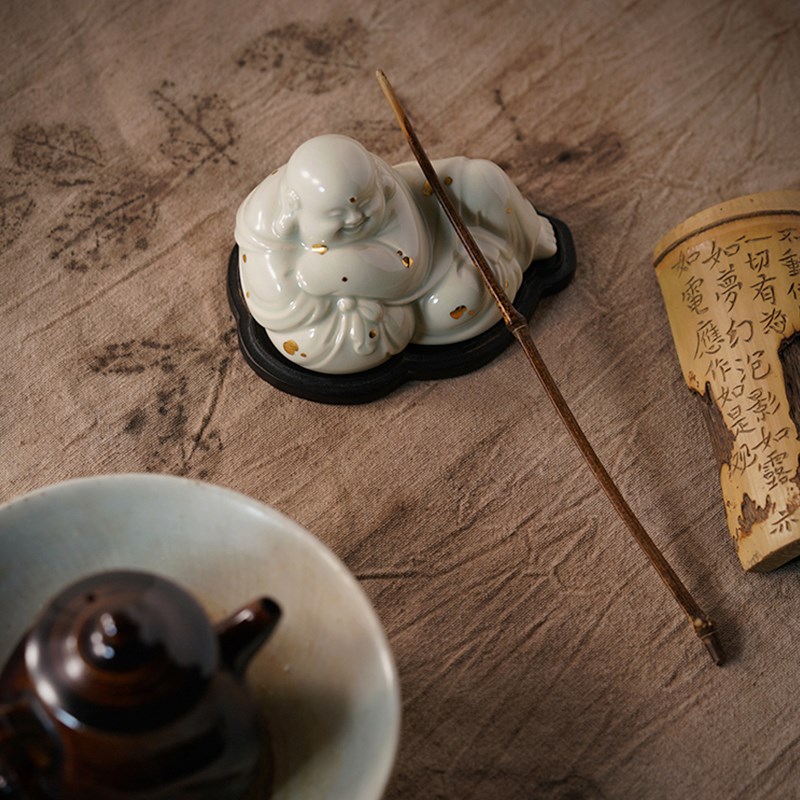 弥勒佛笔搁文房笔架古法手工陶瓷镇纸摆件茶宠书房文房四宝用品