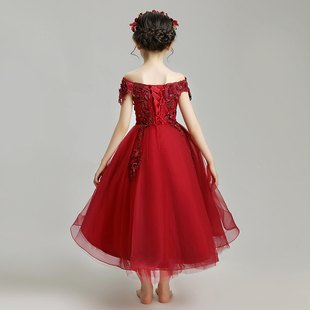 儿童晚礼服公主裙女童婚纱一字肩前短后长绑带蓬蓬纱主持人酒红秋