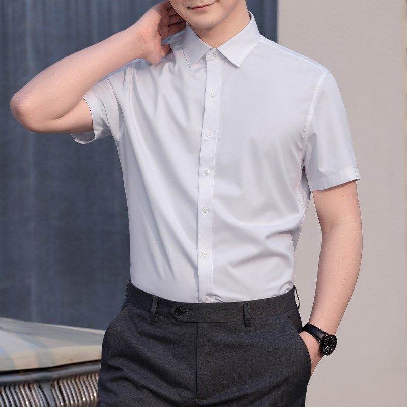潘文工作服白衬衫男短袖商务正装结婚伴郎服好打理微弹职业寸衬衣