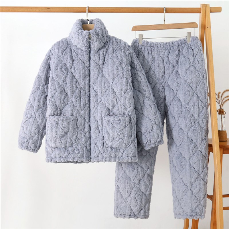 睡衣女冬季法兰绒加厚加绒三层夹棉拉链立领可外穿冬天家居服套装