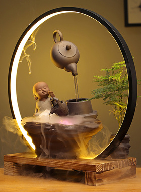 禅意中式流水器办公室桌面摆件灯圈悬空壶客厅玄关装饰品流水景观