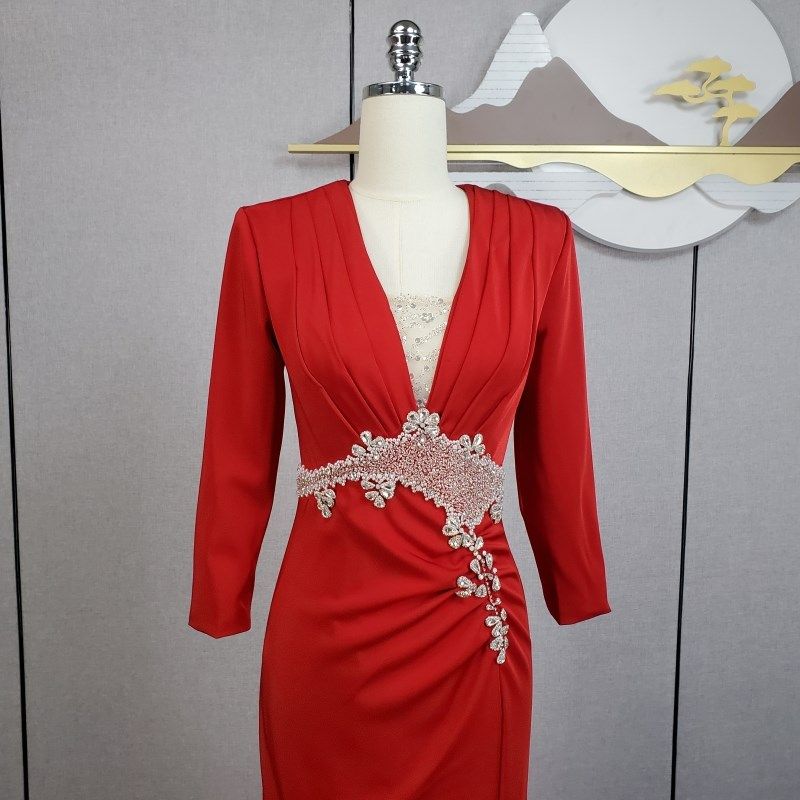 2023新款红色礼服长裙晚会年会简约气质晚礼服主持演出长袖裙鱼尾