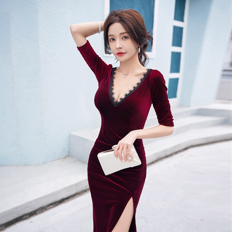 生日宴会晚礼服女气质性感包臀显瘦高端长款丝绒小黑裙年会连衣裙
