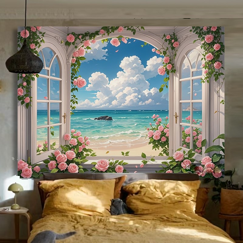 欧式梦幻玫瑰窗户背景布浪漫挂布房间卧室装饰画布直播拍照墙布艺图片