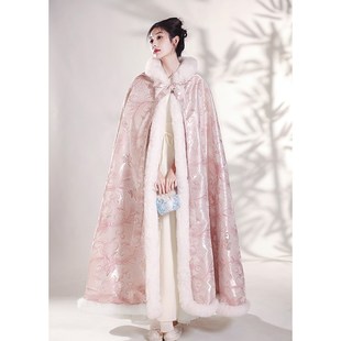 粉色新款冬季汉服大氅斗篷龙女毛领连帽古装加绒披肩外套保暖