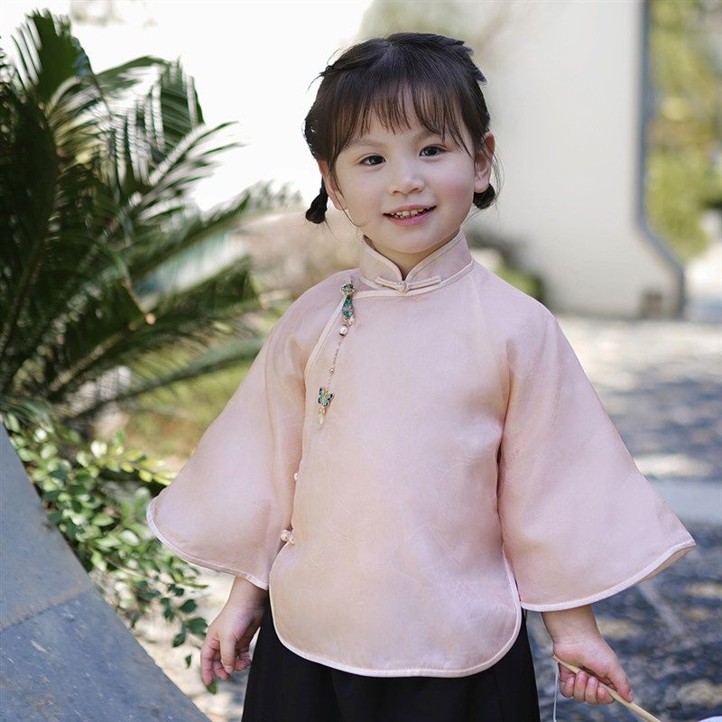 民国儿童旗袍传统立领无肩缝倒大袖中式真丝上衣手工盘扣表演服