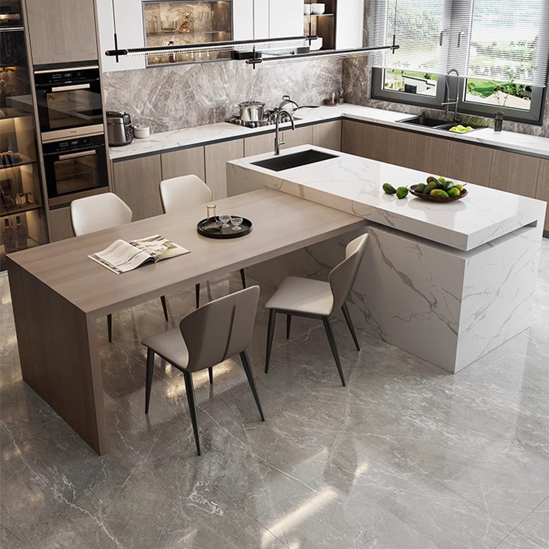 奶油风旋转岩板岛台餐桌一体可伸缩鱼肚白导台加餐桌一体木纹餐台