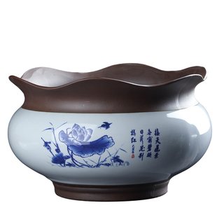 创意禅意陶瓷大口径黑陶花盆青花复古古典透气桌面绿植盆栽包邮