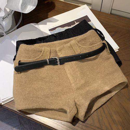 羊毛小圈高腰包臀大口袋毛呢短裤女含腰带显瘦直筒休闲裤