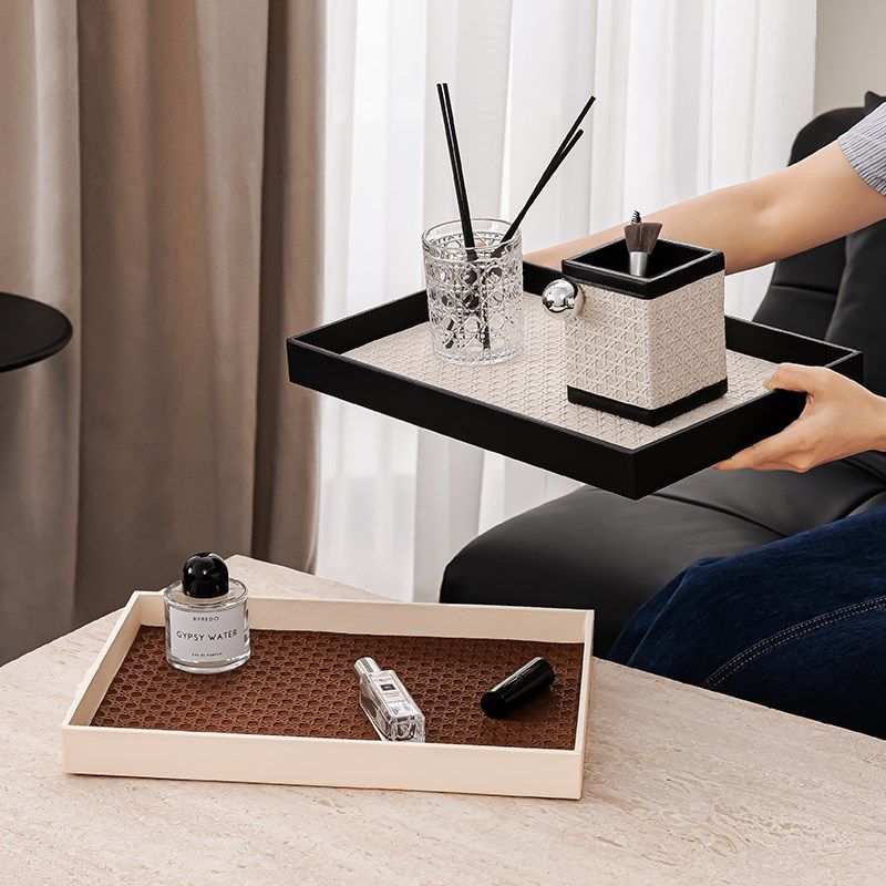 轻奢首饰玄关收纳盘子中古高档黑色皮革法式饰品摆件香薰方形托盘,家居饰品,香薰托盘,淘宝优惠券,粉丝福利购,淘宝优惠卷