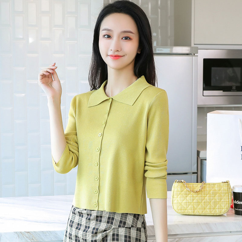 小个子短款polol领针织开衫上衣女秋季长袖高腰打底衫内搭毛衣女