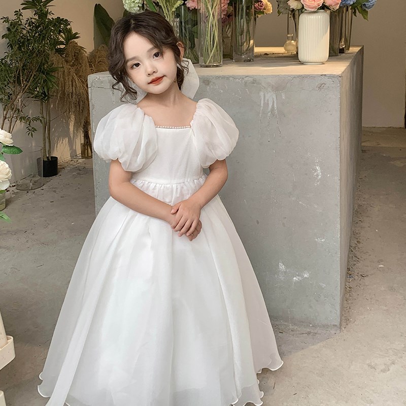 送头纱女童夏季高级感洋气白色婚纱主持人礼服纱裙儿童生日公主裙