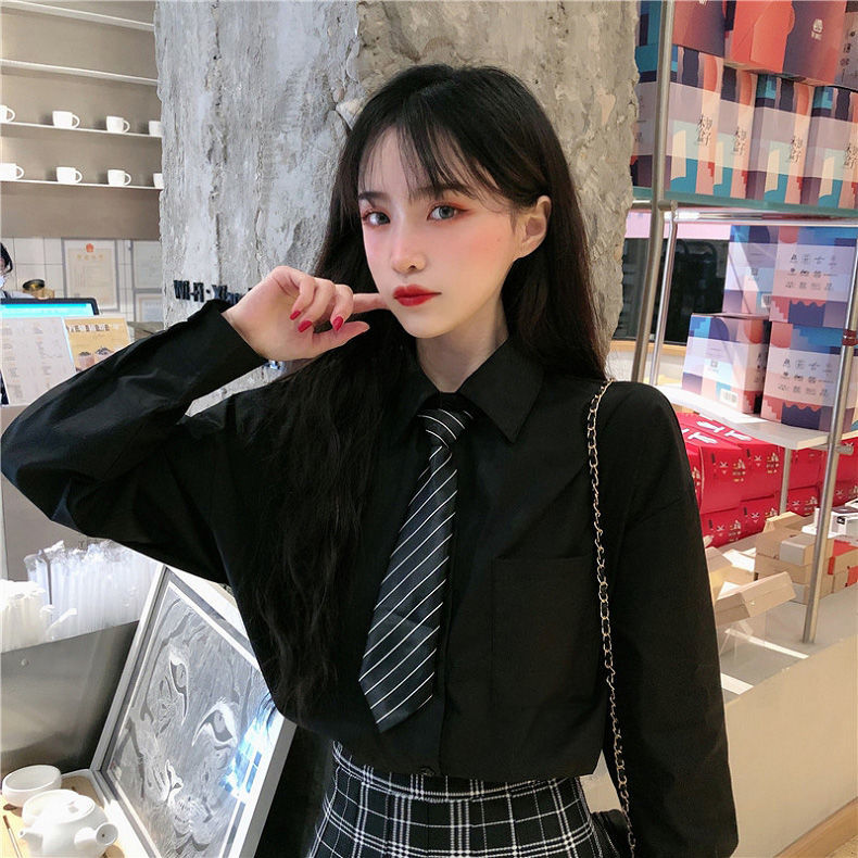 2020年秋季新款韩版白衬衫女设计感小众上衣百搭宽松学生领带衬衣