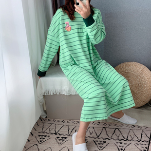 条纹薄绒睡裙女秋冬长款 家居服长裙 加厚长袖 可爱甜美睡衣宽松大码