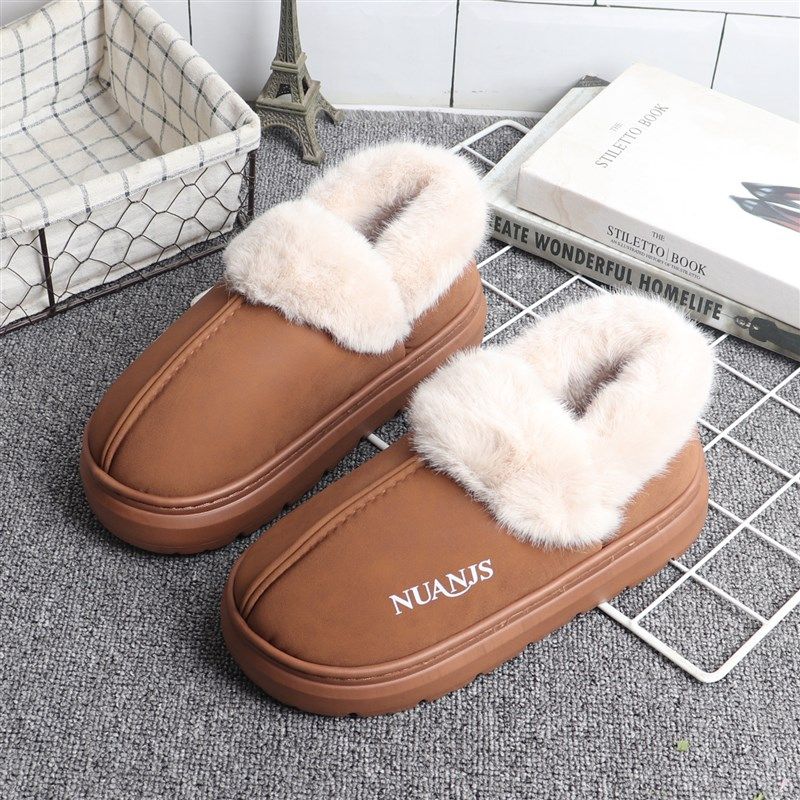 英伦风外穿保暖防滑厚底毛绒口棉鞋软女底舒适厚底包跟棉拖鞋男冬